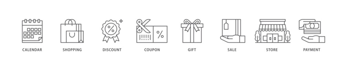 Black friday icon set flow process which consists of calendar, shopping, discount, coupon, gift, sale, store, payment icon live stroke and easy to edit 