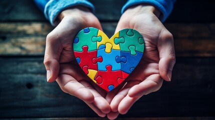 Hands holding a heart-shaped puzzle piece, symbolizing the importance of understanding and acceptance in mental health - obrazy, fototapety, plakaty