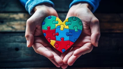 Fotobehang Hands holding a heart-shaped puzzle piece, symbolizing the importance of understanding and acceptance in mental health © KerXing