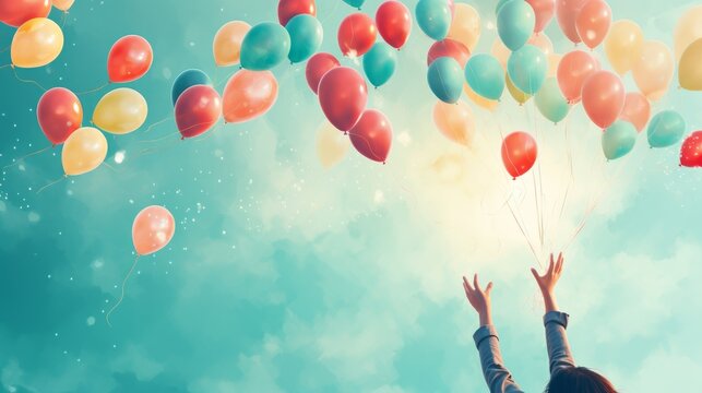 Hands releasing balloons with positive affirmations, spreading uplifting messages in mental health