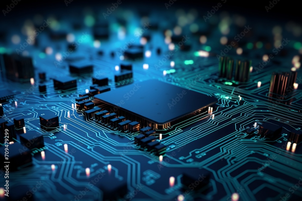 Poster holographic circuit board on dark backdrop. data connection concept