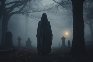 Hooded figure walking through a foggy graveyard. Halloween horror background