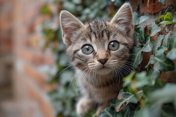 Portrait of cute little kitten in a sunny summer garden.