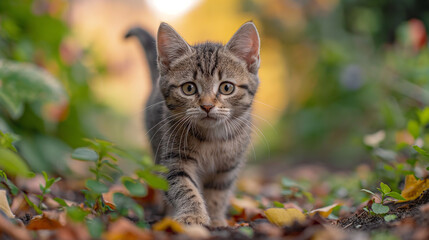 Naklejka na ściany i meble Portrait of cute little kitten walking in a sunny summer garden.