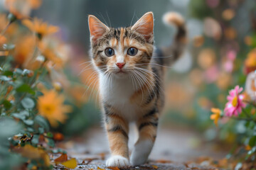 Obraz premium Portrait of cute little kitten walking in a sunny summer garden.