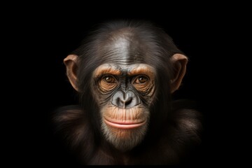 A detailed portrait of a chimpanzee's face is set against a dark background.