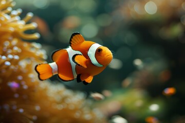 Naklejka na ściany i meble A clown fish is seen in an aquarium, its glow reminiscent of the ocean's depths.