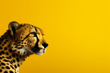 A cheetah is depicted against a yellow backdrop, making for a striking visual.