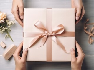 Giving a present from one person to another, hands holding a pink gift box with a bow. Flower on the background.
