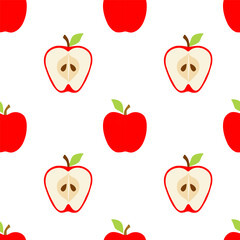 Fruit red apple with seeds seamless pattern in simple flat style on white background