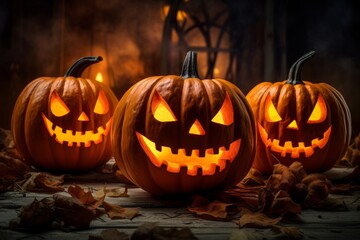 Jack-o'-lanterns glowing in the dark. Halloween horror background