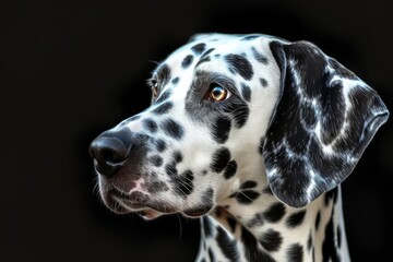 A close-up portrait of a Dalmatian dog's face is presented, showcasing its beautiful features.