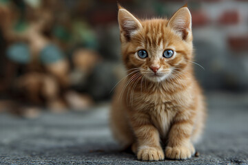 Portrait of cute little kitten in a sunny summer garden.