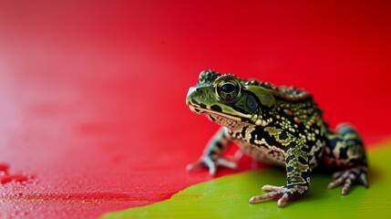 Obraz premium A frog is seen sitting on a green leaf, its portrait set against a red background.