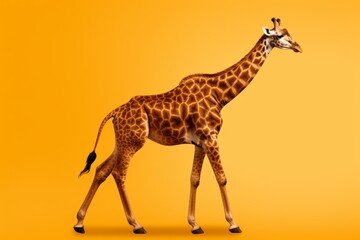 A giraffe is seen walking across a yellow background, its long neck and body on display.
