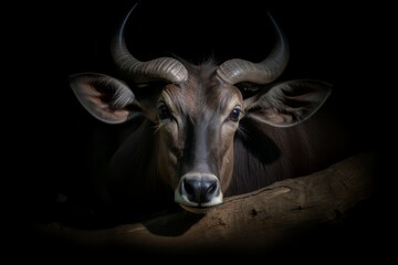 A cow, with large horns and an aggressive look, is captured in a close-up portrait. - obrazy, fototapety, plakaty