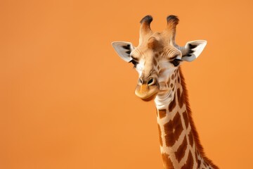 A giraffe, with its long neck and body, is seen against an orange background.