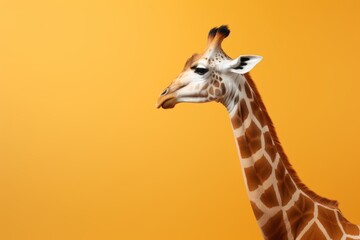 A giraffe, tall and majestic, stands against a yellow background.