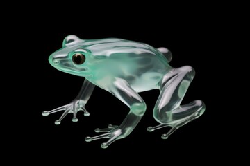 Fototapeta premium A glass frog is seen sitting on a black surface, its beauty evident.