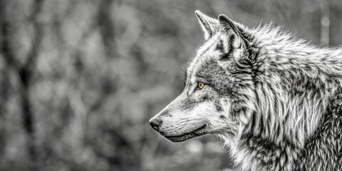 A black and white photo captures the portrait of a dark grey wolf.
