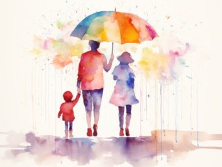 Mom, dad and child with a colorful umbrella, watercolor illustration. Family day.