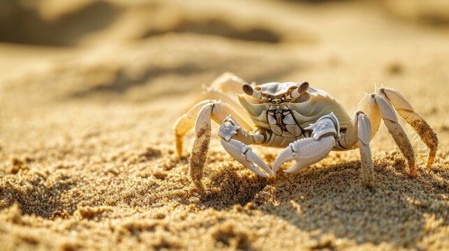 A toy crab is seen on a sandy beach, its form contrasting with the sand.