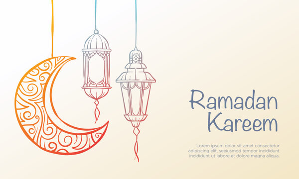 Ramadan Kareem vector background. Hand drawn lantern and crescent moon for ramadan greeting celebration.