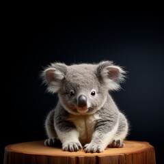 A koala bear, adorable and solitary, is seen sitting on a tree stump.