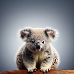 A cute koala bear is seen sitting on a wooden table.