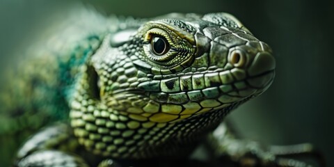 Fototapeta premium An iguana's face is seen, its green scales and reptilian features set against a blurry background.