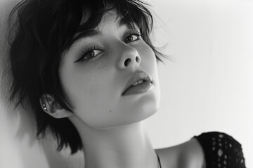 Monochrome Portrait of a Young Woman with a Pensive Gaze. AI Generative.