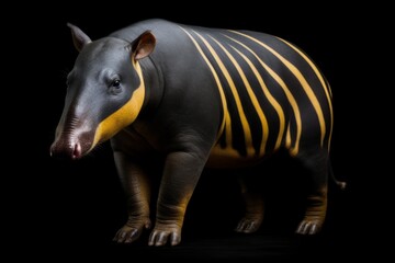 A fake animal, resembling a tapir, is seen against a black background, its bizarre hybrid form detailed.