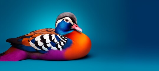 A colorful bird, resembling a detailed duck, is seen sitting on a blue surface.