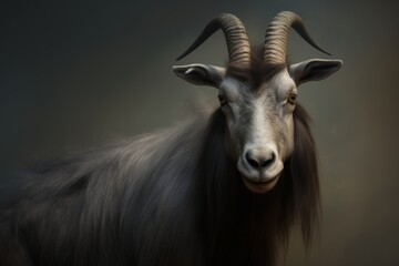 A long-haired goat, with black horns, is seen, its creature-like portrait detailed.