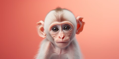 A baby monkey is seen against a pink background, its adorable form captured.