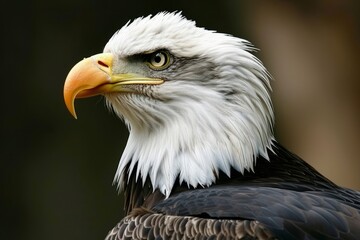 Fototapeta premium The head of a bald eagle, with its distinctive beak, is seen.