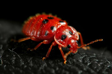 A red bug, resembling a glowing firebug or ladybug, is seen on a black surface.