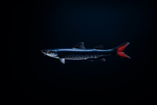 A blue shark is seen floating in water against a deep black background.