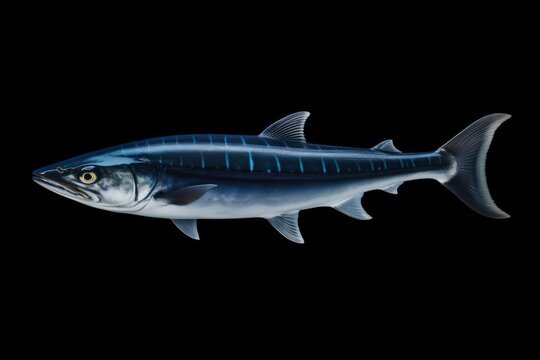 An image of a fish, resembling a blue shark or thresher shark human hybrid, is seen against a black background.