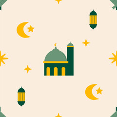 Ramadan Kareem poster, background, holiday cover set. Suitable for greeting card, banner, or social media design. Cute cartoon Ramadan seamless background pattern in green and cream color.