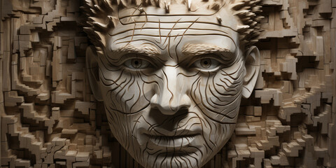 A sculpture of a man's face, made of wood, showcases extreme detail, resembling a tortured wooden face.