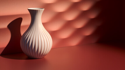 A white vase is seen sitting on a red table, its warm lighting casting cool shadows.