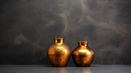 A couple of gold vases, with metallic polished surfaces, are seen sitting on a table. - obrazy, fototapety, plakaty