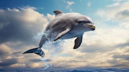 Fototapeta premium Dolphin leaping out of the water under a cloudy sky