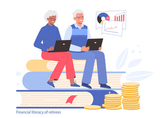 Older people education. Pensioners financial literacy. Finance education, savings management, money saving and pension income control.