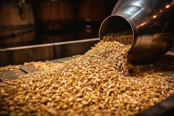 Tuinposter Beer malt is poured in bulk, scoop on the grains © Eyepain