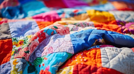 Quilted patchwork blanket with a variety of colorful fabrics, creating a vibrant and cozy design.