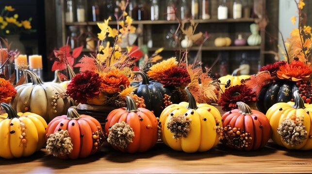 Pumpkin-themed DIY home decor ideas with painted pumpkins, wreaths, and table centerpieces, inspiring viewers to add a touch of fall to their living spaces