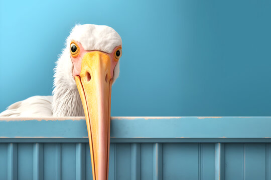 Creative animal concept. Stork bird peeking over pastel bright background. advertisement, banner, card. copy text space. birthday party invite invitation	
