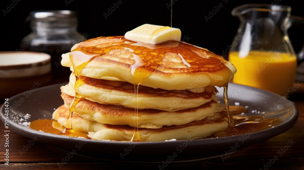Poster stack of fluffy and greasy pancakes dripping with melted butter and maple syrup